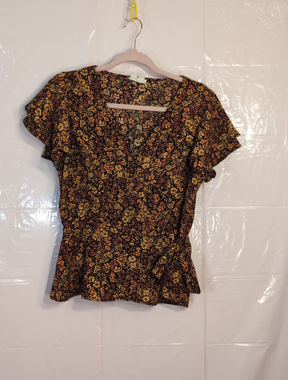 Fall Floral Wrap Blouse L Meraki Mustard Orange Black Flutter Sleeve Top